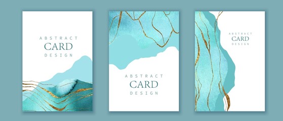 Set of vertical backgrounds. Blue, turquoise watercolor fluid painting vector design.