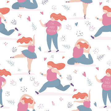 Happy fat women in yoga and ballet poses, seamless pattern template. Body positive girls, texture background. Plus size female characters.
