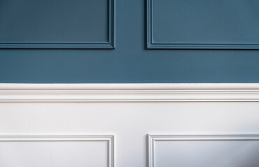Classic wainscot wood decoration detail. Retro blue and white wall wooden panel, close up view.