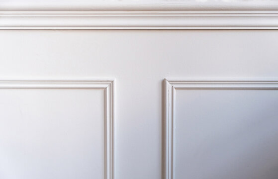 Classic Wainscot Wood Decoration Detail. Retro White Wall Wooden Panel, Close Up View.