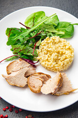 meat bulgur and salad leaves lettuce fresh dietary healthy meal food diet snack on the table copy space food background 