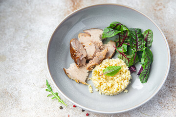 meat bulgur and salad leaves lettuce fresh dietary healthy meal food diet snack on the table copy space food background 