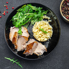 meat bulgur and salad leaves lettuce fresh dietary healthy meal food diet snack on the table copy space food background 