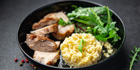 meat bulgur and salad leaves lettuce fresh dietary healthy meal food diet snack on the table copy space food background 