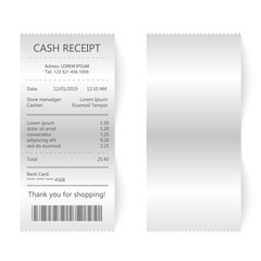 Shop reciept, retail ticket isolated object, financial atm bill, cash dispenser financial invoice. Buying financial invoice bill purchasing calculate pay vector isolated. Realistic receipt collection