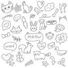 Vector illustration Doodle various Elements Animals Plant Cats Pattern,Cute sketches