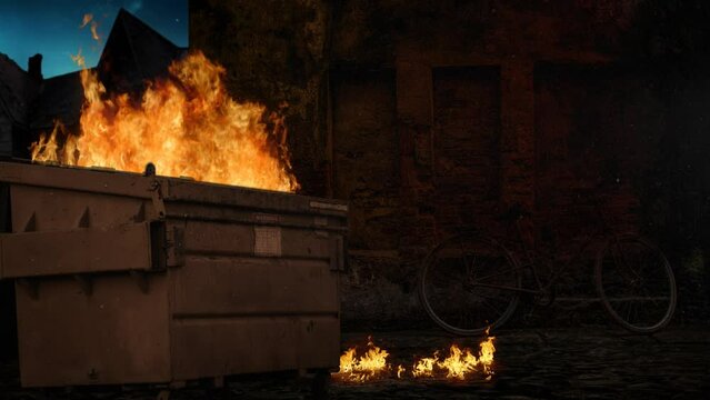 Dumpster Fire Alley Wall Background 4K features a dumpster with fire billowing out in an alley with a brick wall behind and falling ash.