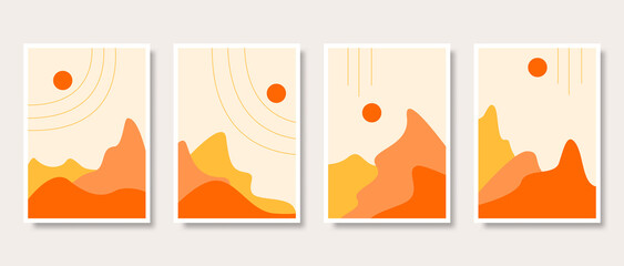 Hand drawn flat design mountain landscape with sun wall art collection