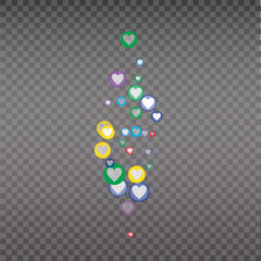 Live like, flying color hearts for stream. Live video and flying likes. Social media elements falling.
