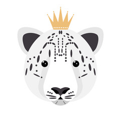 Snow leopard with crown. Snow leopard character, crown stickers.