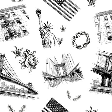 Seamless pattern New York city decorative elements. USA. Backgrounds.