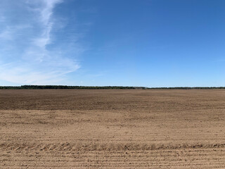 Fototapeta na wymiar plowed field at spring morning with sky and clouds