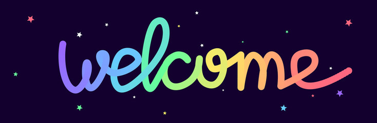 Fluid curved text Welcome in rainbow colours. Round font in 3D effect with blended gradient. Joyful and colourful typograpy