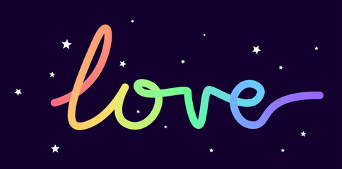 Fluid curved text Love in rainbow colours. Round font in 3D effect with blended gradient. Joyful and colourful typograpy