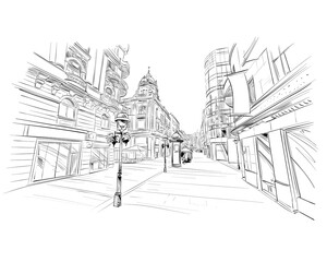 Street of Prince Michael. Belgrade. 
Serbia. Urban sketch. Hand drawn vector illustration - obrazy, fototapety, plakaty