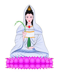 Guan Yin or Kuan Yin in traditional Chinese or Kannon in Japanese or Kuan Im in Thai - Buddhist bodhisattva sitting on pink lotus flower blessing by Holy water or blessed water drawing in vector