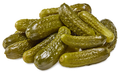 marinated pickled cucumbers isolated on white background. Clipping path and full depth of field