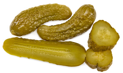 marinated pickled cucumbers with slices isolated on white background. Clipping path and full depth of field. Top view