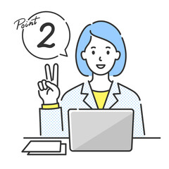 ノートパソコンの前に座って指を2本立てた若い女性の上半身イラストとポイント2の吹き出し