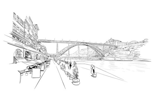 Ponti de Don Luis I. Porto. Portugal. Urban sketch. Hand drawn vector illustration