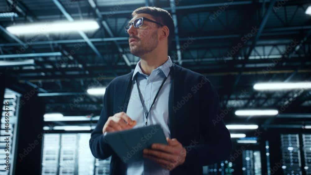 Aufkleber Male IT Specialist Walks Between Row of Operational Server Racks in Data Center. Engineer Uses Tablet Computer for Maintenance and Diagnostics in Cyber Security and Data Protection Facility.