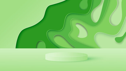 Minimal scene against colorful paper design in green tones. Cylindrical podium. Stage for the demonstration of natural and environmentally friendl products, showcase. Vector