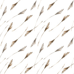 Watercolor pampas grass seamless pattern. Hand drawn pampas grass, dried leaves botanical background. Repeatable texture, wrapping paper, stationery, wallpaper, scrapbooking, fabric, paper, textile