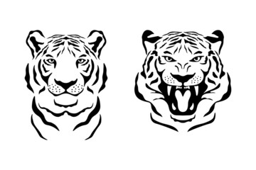 Vector Hand Drawn Monochrome Black and White Tiger Face. Noble Tiger Head for Clothes Print, Tattoo, Fabrics, T-shirt, Card Print, Logo Design. Symbol of the Year of Tiger