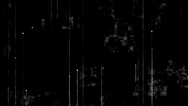 Simple black background animation with gently moving white and grey straight vertical lines and spheres and grunge noise texture. This dark minimalist motion background is full HD and a seamless loop.