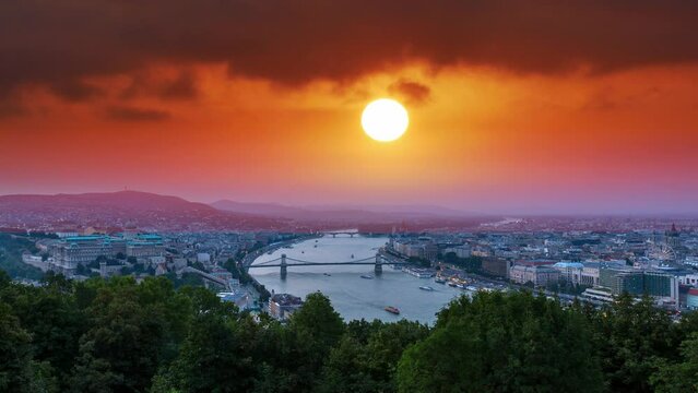 Budapest skyline aerial view from day to night, Budapest at sunset night view river and bridge.