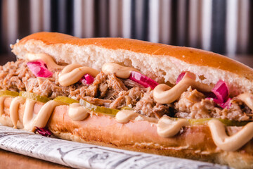 Close up view of a delicious and large pulled pork sandwich