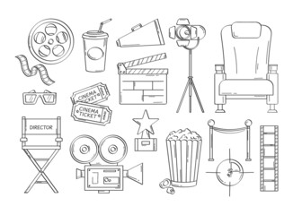 Hand drawn cinema elements. Vector set of line movie icon with popcorn, clapperboard, glasses, tickets, chair, reel, video camera, megaphone. Cartoon Illustration for film industry, cinematography