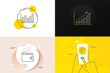 Minimal set of Cyber attack, Column chart and Wallet money line icons. Phone screen, Quote banners. Graph chart icons. For web development. Phone hacker, Financial graph, Coins. Growth report. Vector