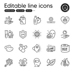 Set of Healthcare outline icons. Contains icons as No sun, Medical analytics and Stress elements. Potato, Medical mask, Toilet paper web signs. Organic product, Leaf dew. Outline no sun icon. Vector