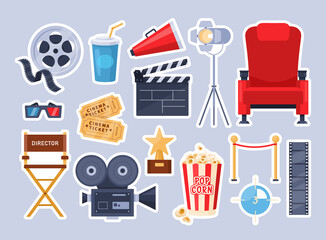 Cinema sticker elements. Vector set of movie icon with popcorn, drink, clapperboard, 3d glasses, tape, tickets, chair, video camera, megaphone. Cartoon Illustration for film industry, cinematography - obrazy, fototapety, plakaty