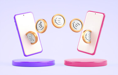 Money transfer between mobile phones, wireless sending and receiving euro coins. Smartphone online banking payment app, electronic money and economy concept in 3D illustration