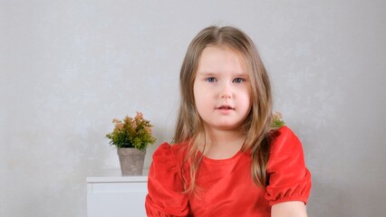 Portrait of sweet little girl age 4 in red dress at home