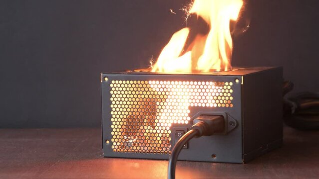 Ignition of the computer power supply, short circuit, close-up, selective focus. A fire in the apartment from household electrical appliances.