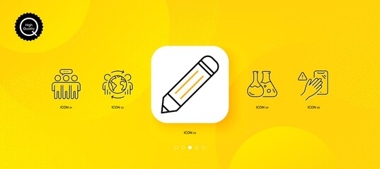 Fototapeta na wymiar Employees group, Pencil and Dont touch minimal line icons. Yellow abstract background. Chemistry lab, Global business icons. For web, application, printing. Vector