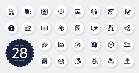 Set of Education icons, such as Technical info, Music making and Vocabulary flat icons. Work home, Target, Message web elements. Trade chart, Cloud computing, Correct way signs. Circle buttons. Vector