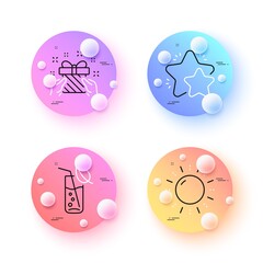 Water glass, Sun energy and Star minimal line icons. 3d spheres or balls buttons. Gift icons. For web, application, printing. Soda drink, Solar power, Customer feedback. Present. Vector