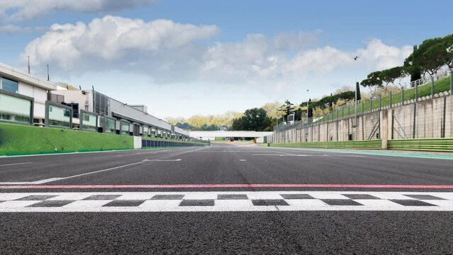 Finish line competition concept background, straight race track with asphalt checkered sign time lapse animation
