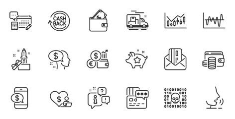 Outline set of Wallet money, Currency rate and Binary code line icons for web application. Talk, information, delivery truck outline icon. Include Account, Credit card, Financial diagram icons. Vector