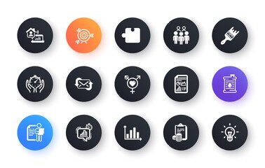 Minimal set of Accounting, Timer and Oil barrel flat icons for web development. Group people, Job interview, Target icons. Diagram graph, Puzzle, Statistics timer web elements. Brush. Vector