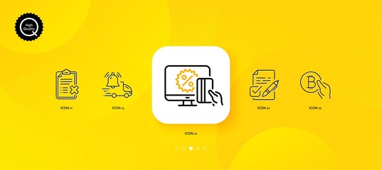 Delivery notification, Bitcoin pay and Online shopping minimal line icons. Yellow abstract background. Voting ballot, Reject checklist icons. For web, application, printing. Vector
