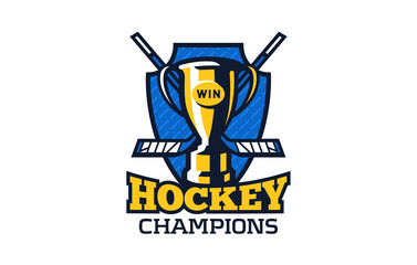 Ice hockey champions logo, emblem. Colorful emblem of the cup with sticks on the background of the shield. Ice hockey champions logo template, championship winners, league cup. Vector illustration