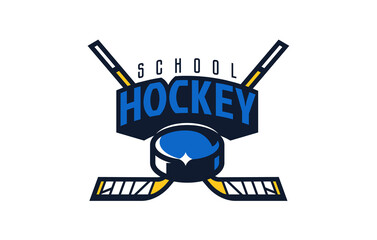 Ice hockey school logo, emblem. Colorful emblem of the puck and sticks on the background of the shield. Logo template for sports school, ice hockey training camp. Vector illustration