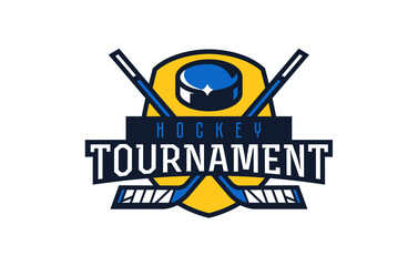 Ice hockey tournament logo, emblem. Colorful emblem of the championship with the puck and sticks on the background of the shield. Ice hockey sport tournament logo template.Isolated vector illustration