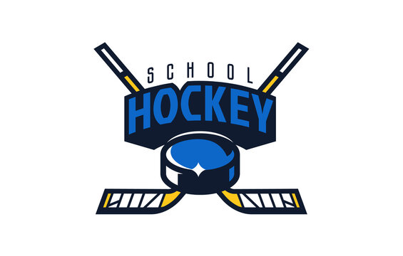 Ice Hockey School Logo, Emblem. Colorful Emblem Of The Puck And Sticks On The Background Of The Shield. Logo Template For Sports School, Ice Hockey Training Camp. Vector Illustration