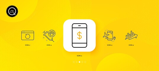 Fototapeta na wymiar Growth chart, Smartphone payment and Recovery internet minimal line icons. Yellow abstract background. Dog vaccination, Flights application icons. For web, application, printing. Vector